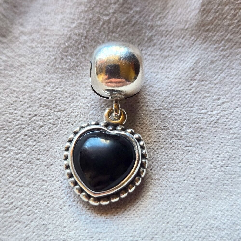 Mi Amor Black Onyx Heart Pandora Clip Charm in 925 Sterling Silver